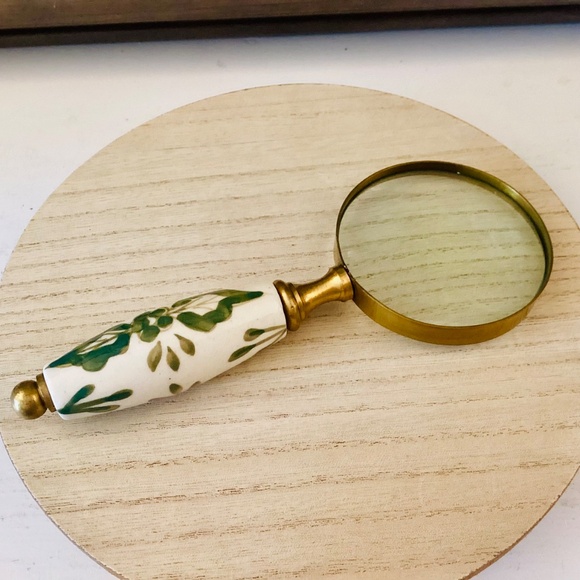 Brass Lupe Magnifying Glass Ceramic White Green Floral Handle 7.5” Elegant Gift - Picture 3 of 12